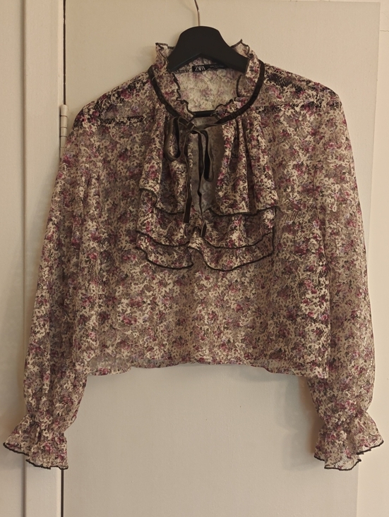 Zara Tops - Zara Cream Blouse with Pink Floral Ruffles and Tie Neck